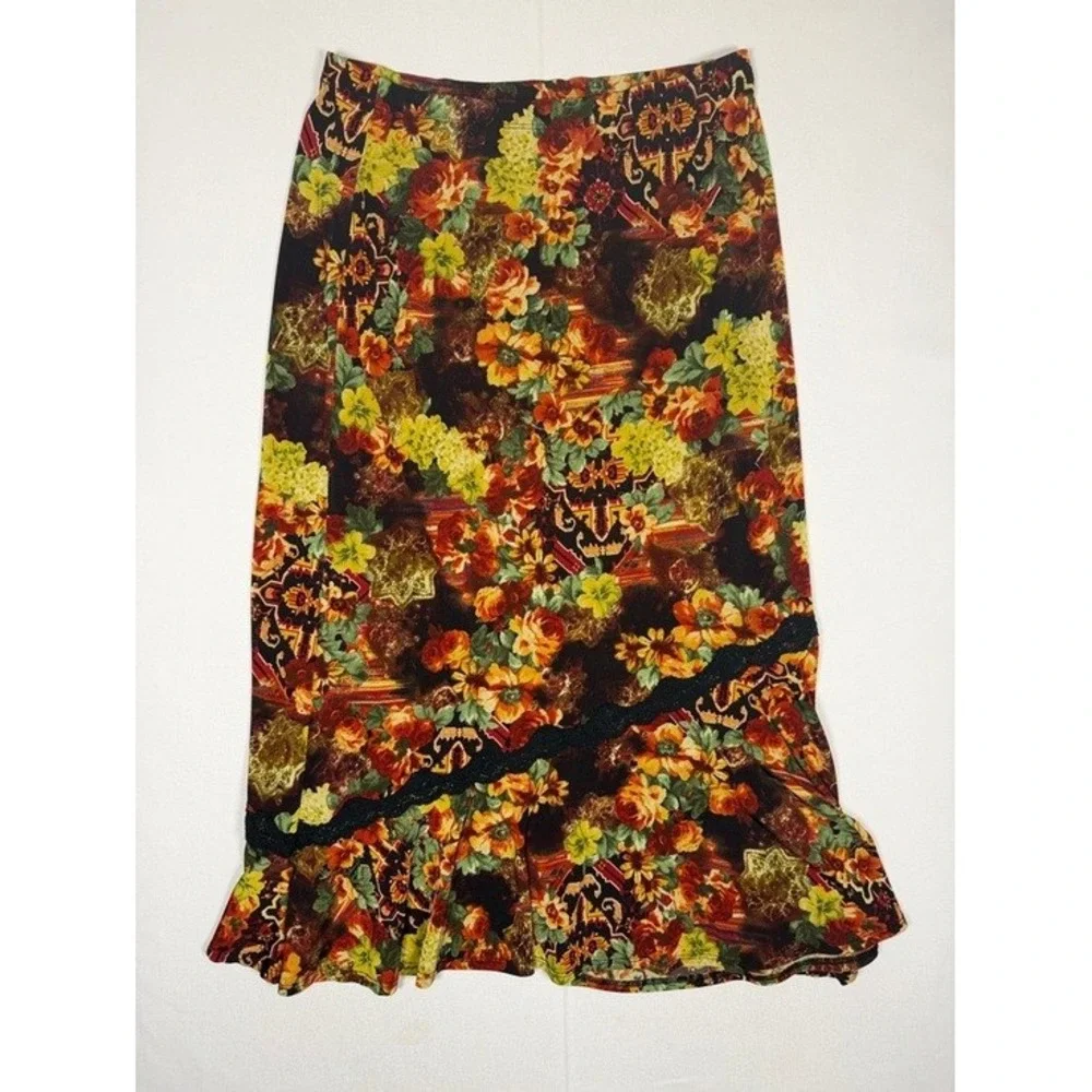 Coldwater Creek Floral Lace Trim Ruffle Maxi Skirt PS Petite Burgundy Gold B9-23